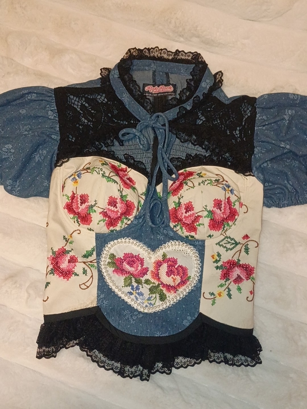 Vintage Floral Embroidered Corset Top with Lace Y2K Coquette